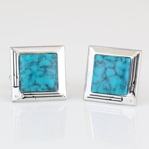 Vintage Silver Tone Square Turquoise Gemstone Swank Cufflinks Set